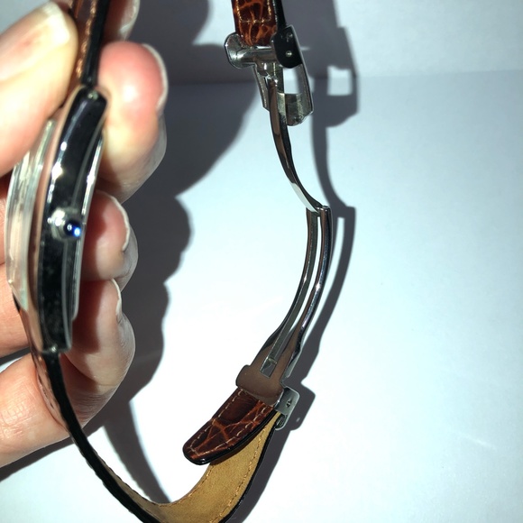 VISAGE Polished Nickel Scallop Face Brown Leather Vintage Analog Tank Watch EUC - Picture 15 of 16